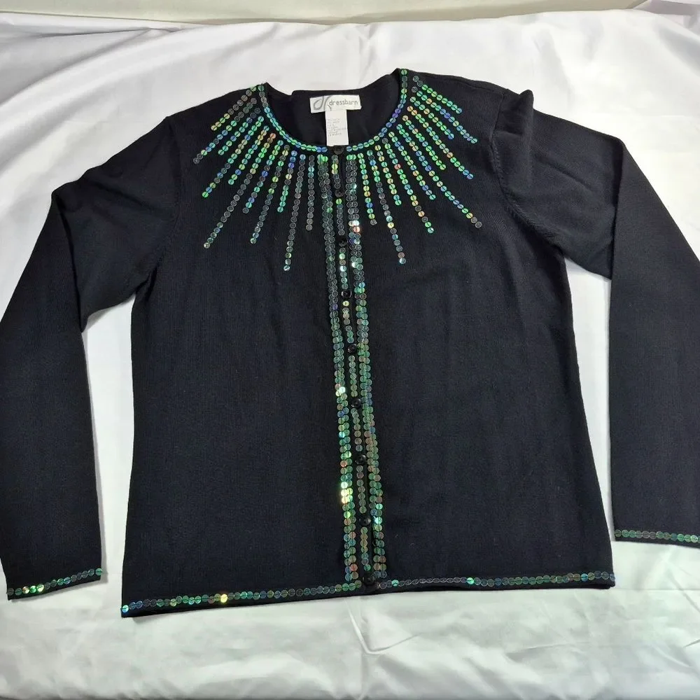 Dress Barn Black Sequin Cardigan Sweater Large Metallic Iridescent Button Up - Picture 5 of 12